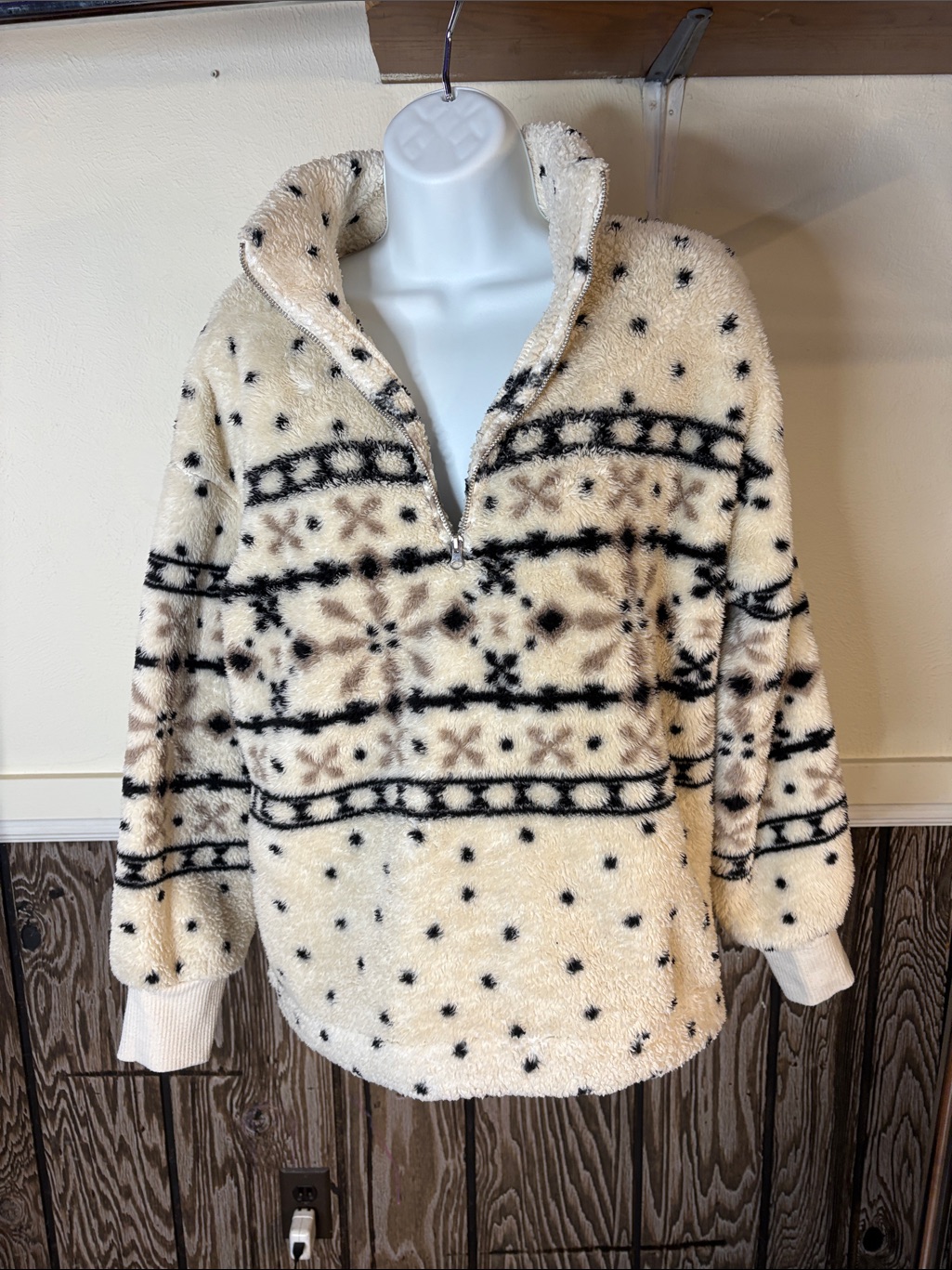 Loft Cream Sherpa Pullover With Black And Brown Fair Isle Motif